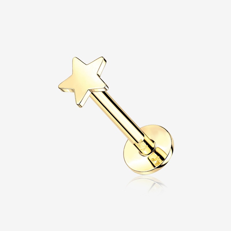 14 Karat Gold OneFit Threadless Flat Star Top Flat Back Stud Labret 18 GA (1mm), 5/16″ (8mm), Top: 3mm