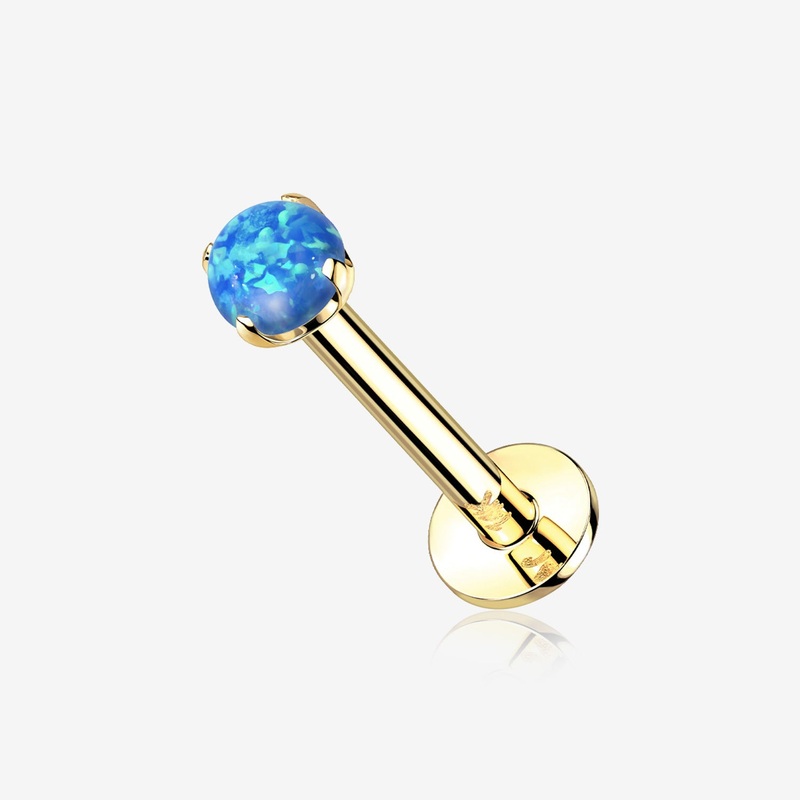 14 Karat Gold OneFit Threadless Prong Set Fire Opal Top Flat Back Stud Labret 16 GA (1.2mm), 1/4″ (6mm), Gem: 2mm