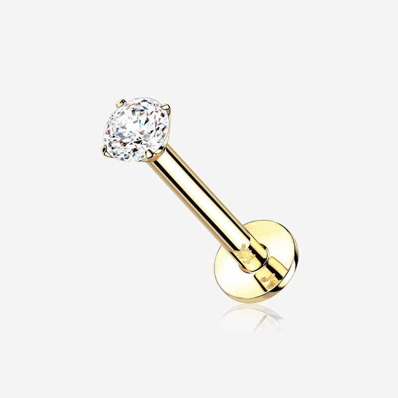 14 Karat Gold OneFit Threadless Prong Set Gem Top Flat Back Stud Labret 18 GA (1mm), 1/4″ (6mm), Gem: 2mm