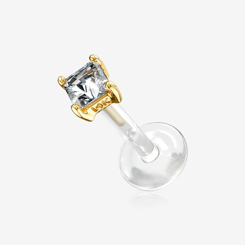 14 Karat Gold Push-In Prong Set Princess Cut Square Gem Top Bio-Flex Labret