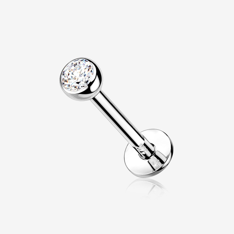 14 Karat White Gold OneFit Threadless Bezel Set Gem Top Flat Back Stud Labret 18 GA (1mm), 1/4″ (6mm), Ball: 2mm