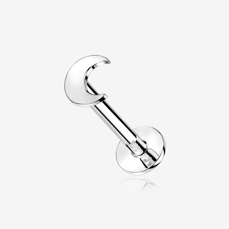 14 Karat White Gold OneFit Threadless Flat Crescent Moon Top Flat Back Stud Labret 18 GA (1mm), 5/16″ (8mm), Top: 3mm