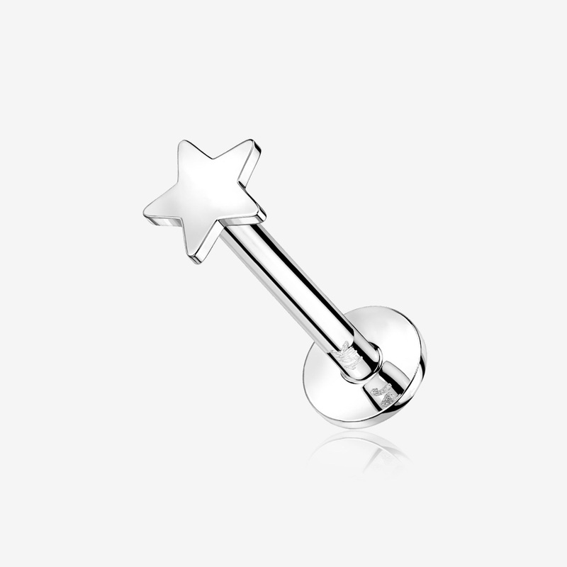 14 Karat White Gold OneFit Threadless Flat Star Top Flat Back Stud Labret 18 GA (1mm), 5/16″ (8mm), Top: 3mm