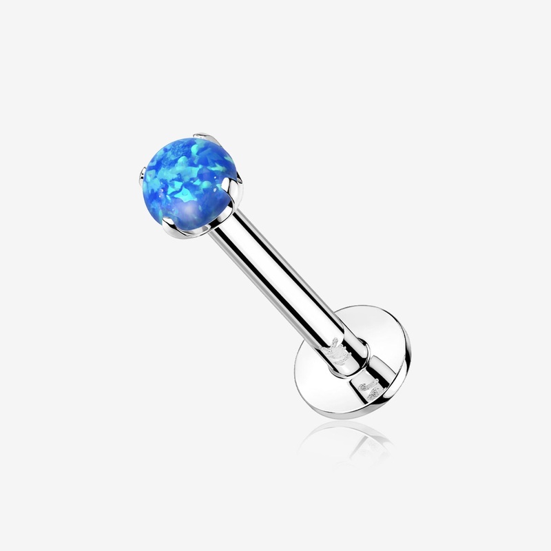 14 Karat White Gold OneFit Threadless Prong Set Fire Opal Top Flat Back Stud Labret 16 GA (1.2mm), 1/4″ (6mm), Gem: 2mm