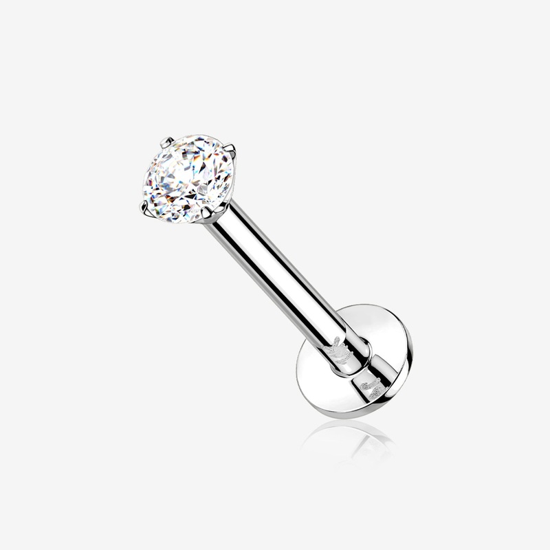 14 Karat White Gold OneFit Threadless Prong Set Gem Top Flat Back Stud Labret 18 GA (1mm), 1/4″ (6mm), Gem: 2mm