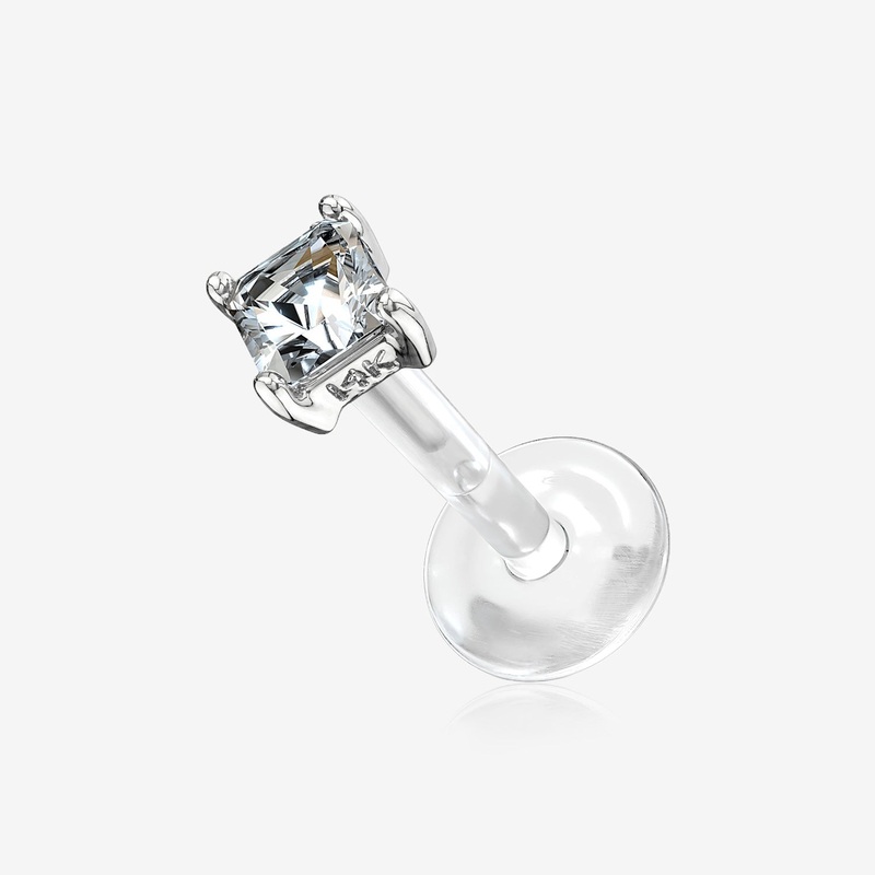 14 Karat White Gold Push-In Prong Set Princess Cut Square Gem Top Bio-Flex Labret