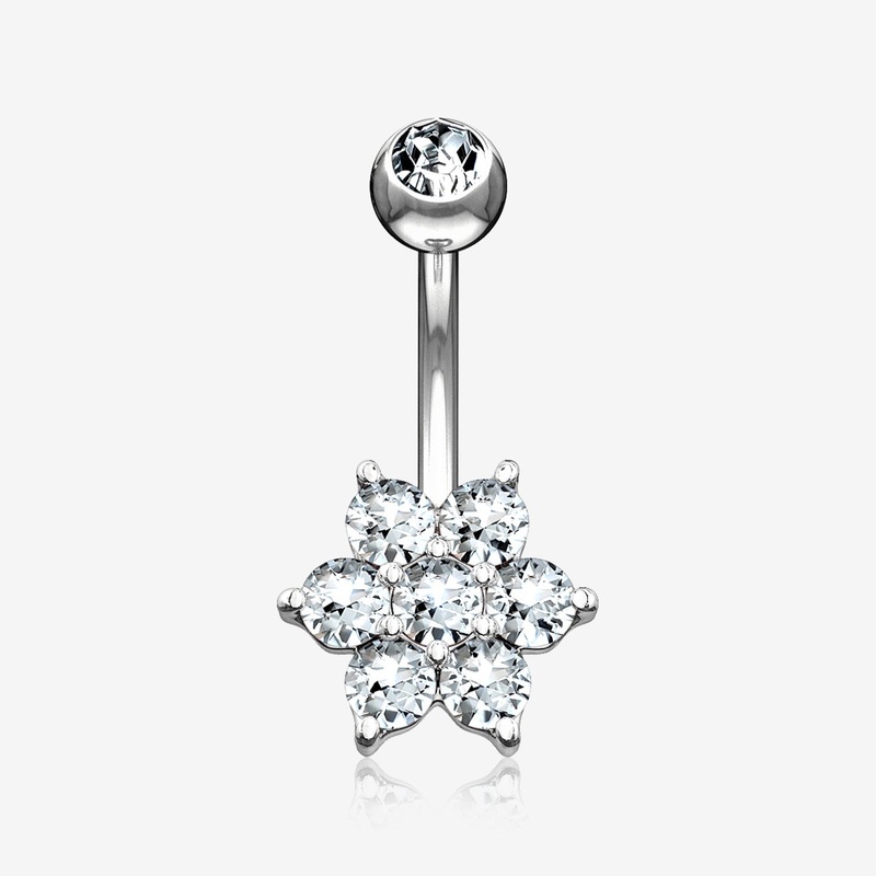 14 Karat White Gold Spring Flower Sparkle Prong Set Belly Button Ring