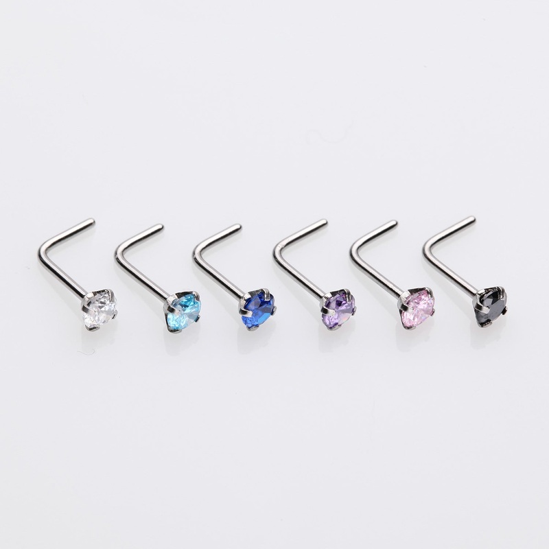 6 Pcs of Assorted Color Prong Set Gemstone L-Shaped Nose Ring Package 20 GA (0.8mm), 1/4″ (6mm), Gem: 2mm