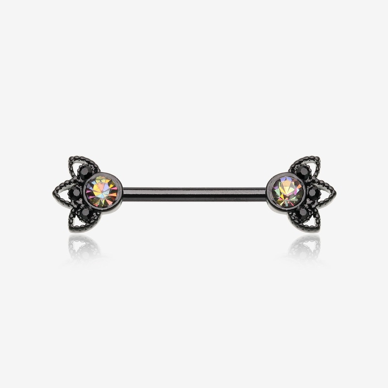 A Pair of Blackline Vintage Floral Mistress Sparkle Nipple Barbell 14 GA (1.6mm), 1/2″ (12mm)