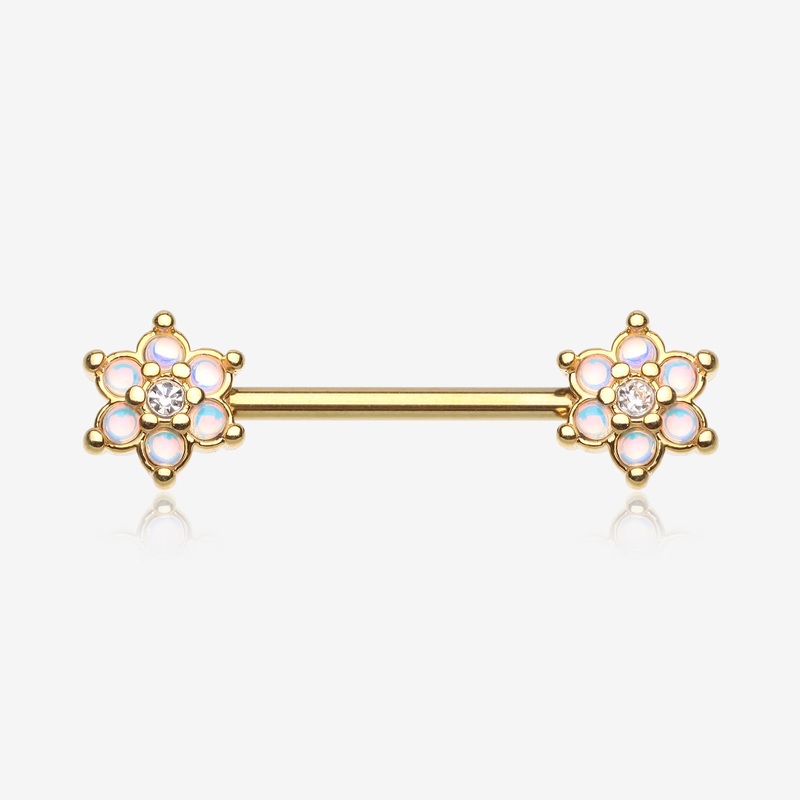 A Pair Of Golden Iridescent Revo Spring Flower Sparkle Nipple Barbell 14 GA (1.6mm), 1/2″ (12mm)