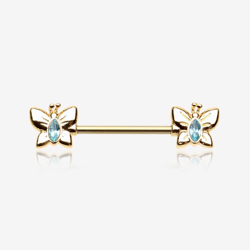 A Pair of Golden Marquise Sparkle Butterfly Nipple Barbell 14 GA (1.6mm), 1/2″ (12mm)