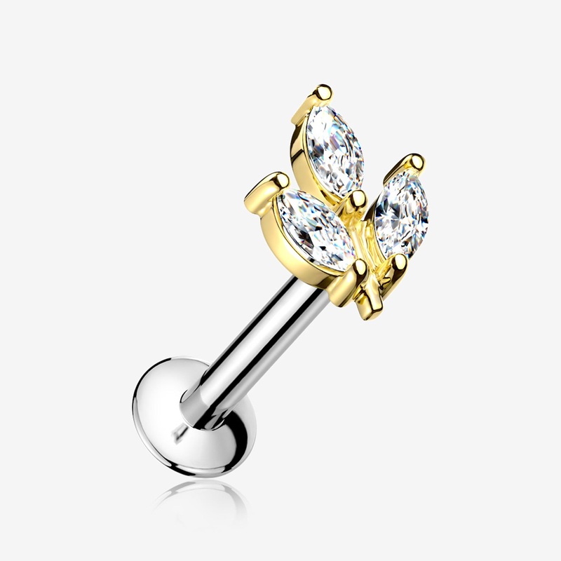 Golden Marquise Sparkle Leaf Top Threadless Push-In Steel Labret 16 GA (1.2mm), 1/4″ (6mm)
