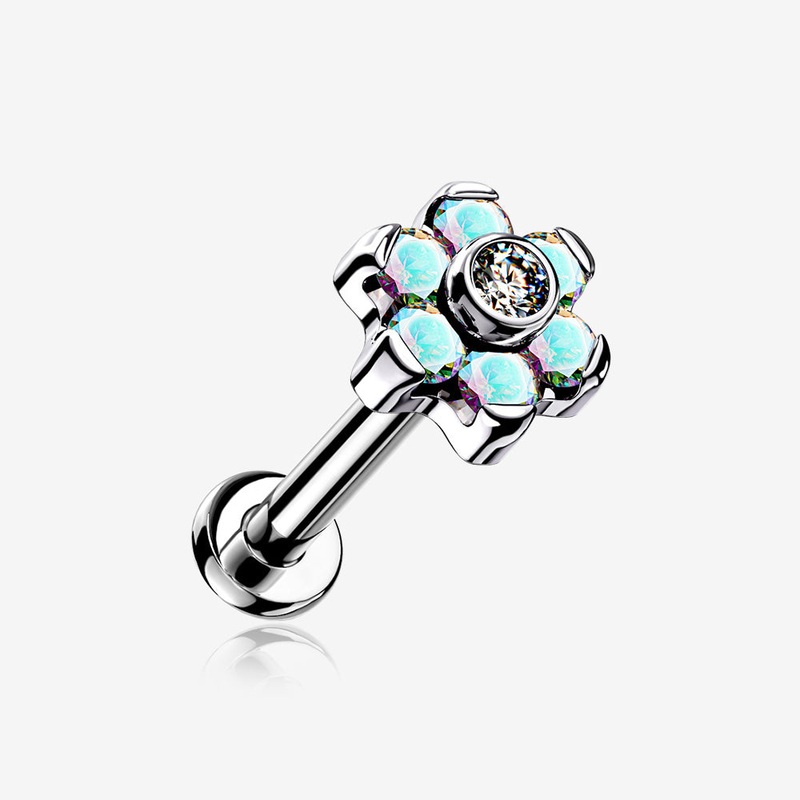 Implant Grade Titanium OneFit Threadless Brilliant Sparkle Flower Top Flat Back Stud Labret* Rainbow/Multi-Color 16 GA (1.2mm), 5/16″ (8mm)