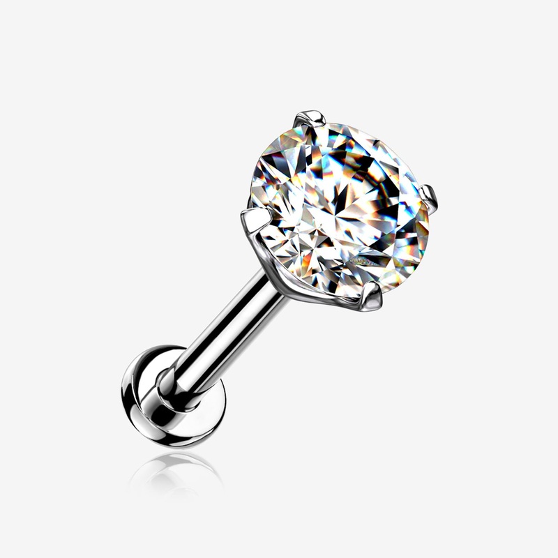 Implant Grade Titanium OneFit Threadless Gem Prong Set Top Flat Back Stud Labret 16 GA (1.2mm), 1/4″ (6mm), Gem: 2mm