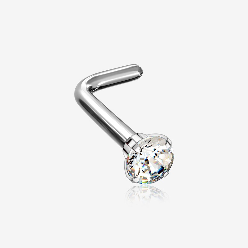 Implant Grade Titanium Round Prong Set Sparkle Gem Top L-Shaped Nose Ring 20 GA (0.8mm), 1/4″ (6mm), Gem: 2mm