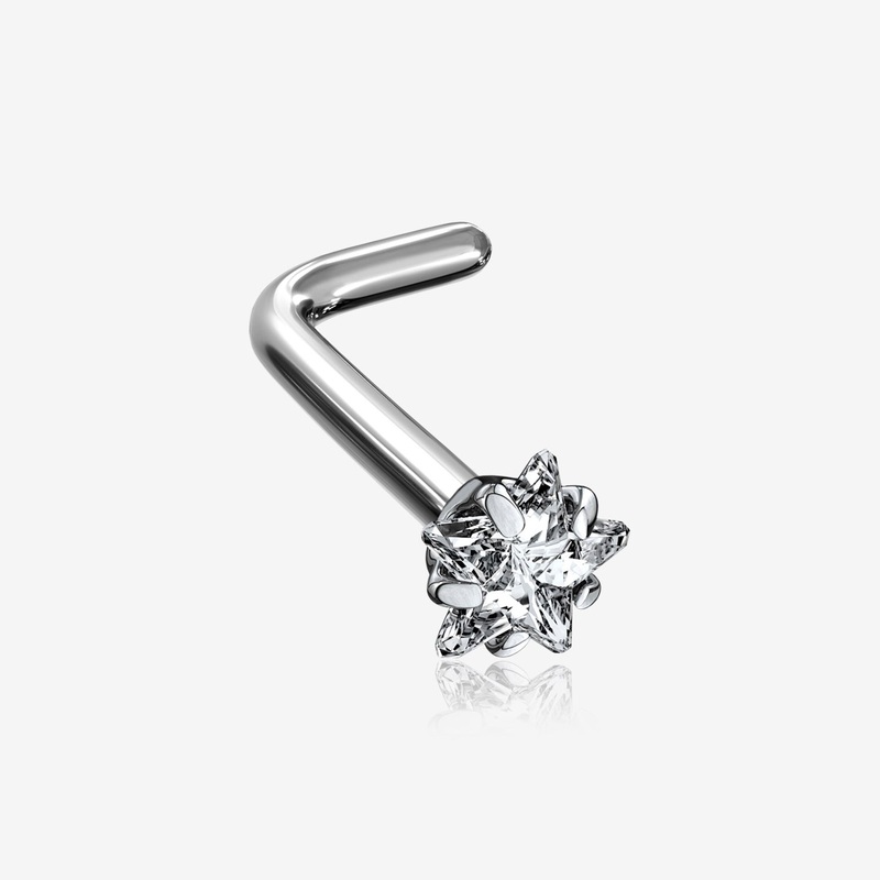 Implant Grade Titanium Star Prong Set Sparkle Gem Top L-Shaped Nose Ring 20 GA (0.8mm), 1/4″ (6mm), Gem: 3mm