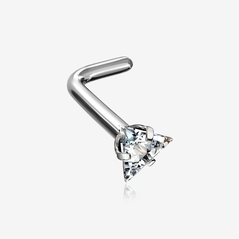 Implant Grade Titanium Triangle Prong Set Sparkle Gem Top L-Shaped Nose Ring 20 GA (0.8mm), 1/4″ (6mm), Gem: 3mm