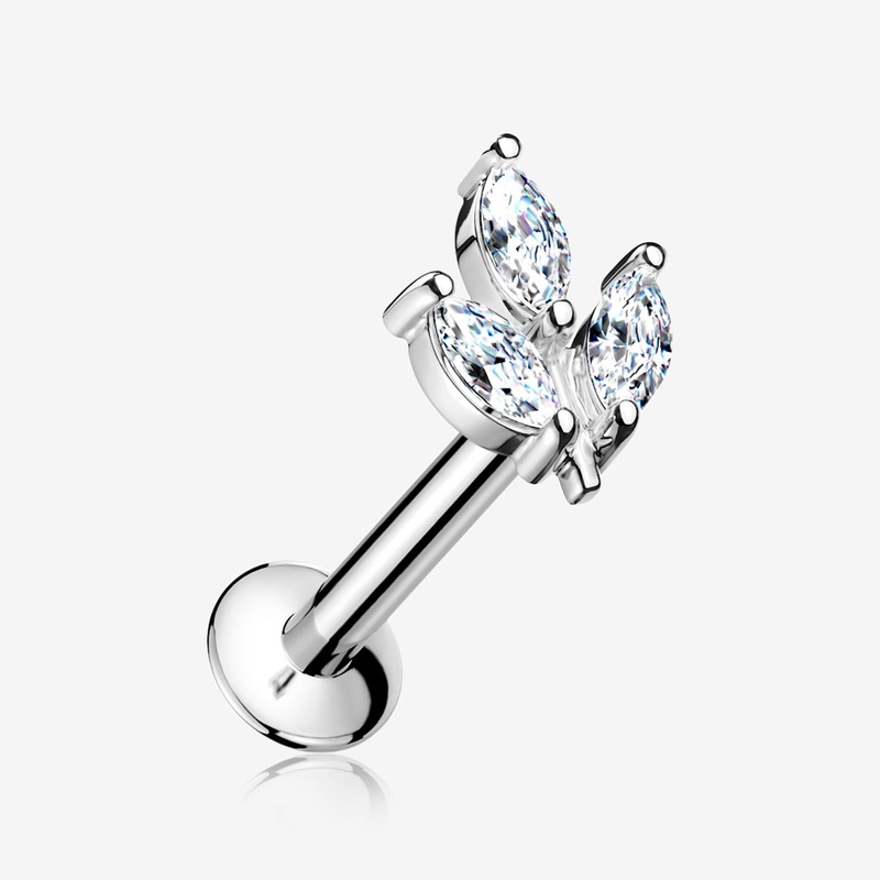 Marquise Sparkle Leaf Top Threadless Push-In Steel Labret 16 GA (1.2mm), 1/4″ (6mm)