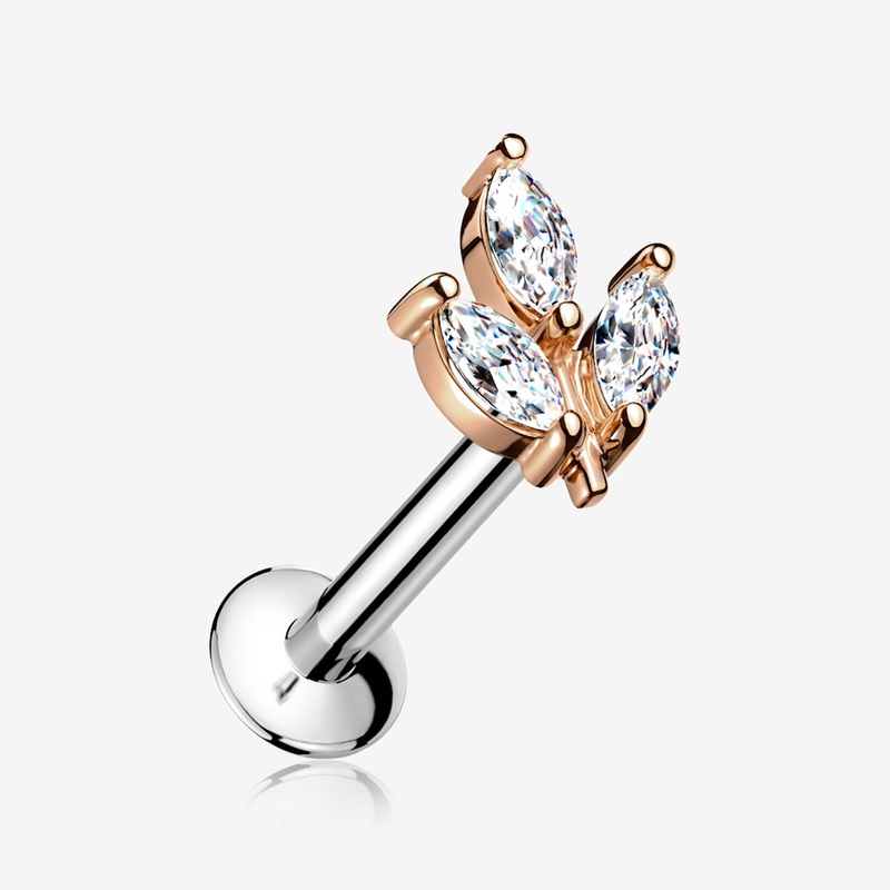 Rose Gold Marquise Sparkle Leaf Top Threadless Push-In Steel Labret 16 GA (1.2mm), 1/4″ (6mm)