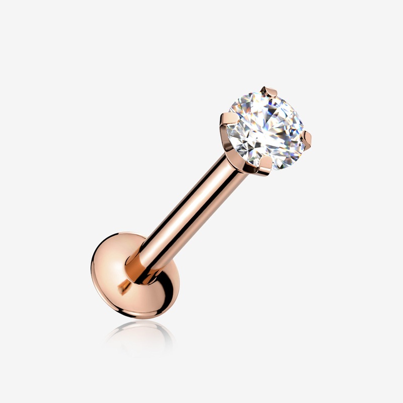 Rose Gold Prong Set Gem Top Threadless Push-In Steel Labret 20 GA (0.8mm), 1/4″ (6mm), Gem: 2mm