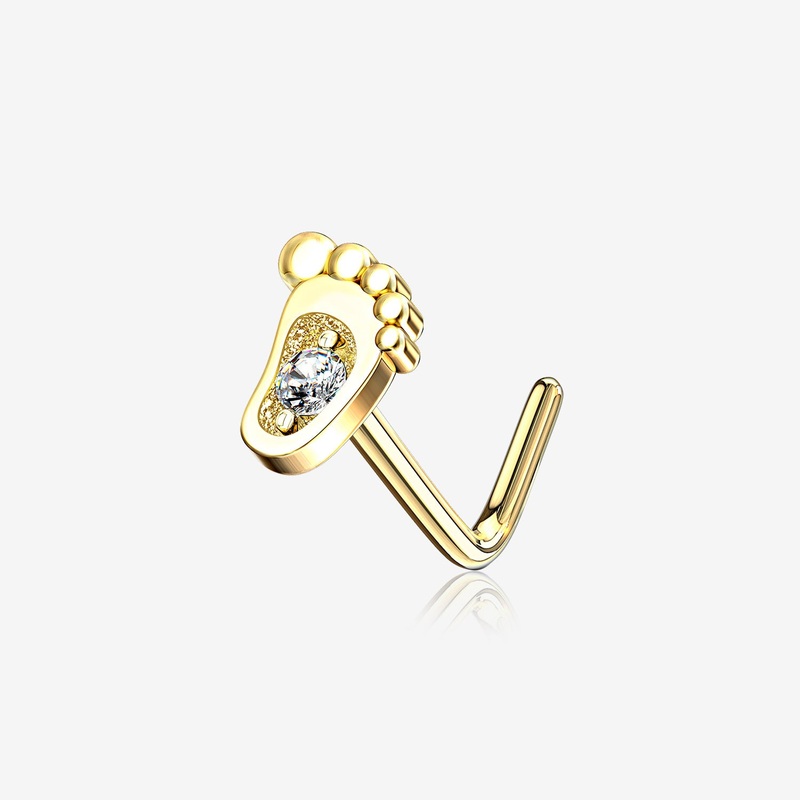 14 Karat Gold Adorable Baby Foot Sparkle L-Shaped Nose Ring