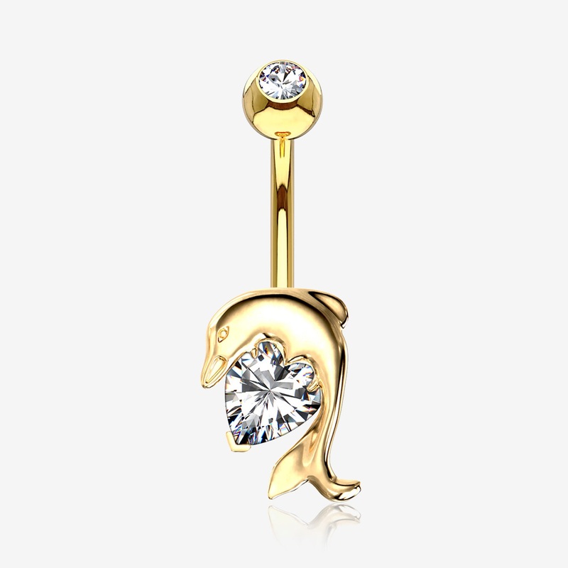 14 Karat Gold Adorable Dolphin Hugging Heart Sparkle Belly Button Ring