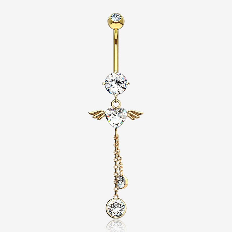 14 Karat Gold Angel Wing Heart Sparkle Dangle Belly Button Ring