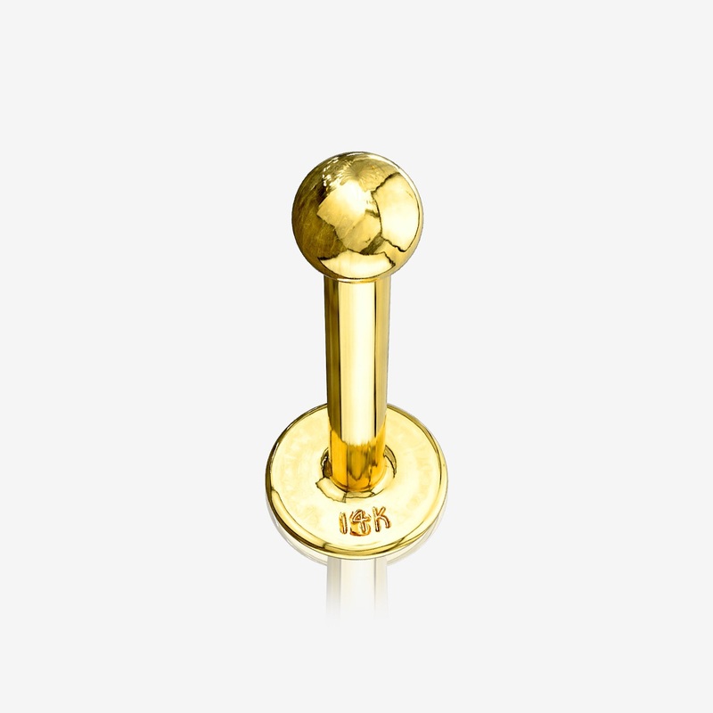 14 Karat Gold Ball Top Flat Back Stud Labret 16 GA (1.2mm), 1/4″ (6mm), Ball: 3mm