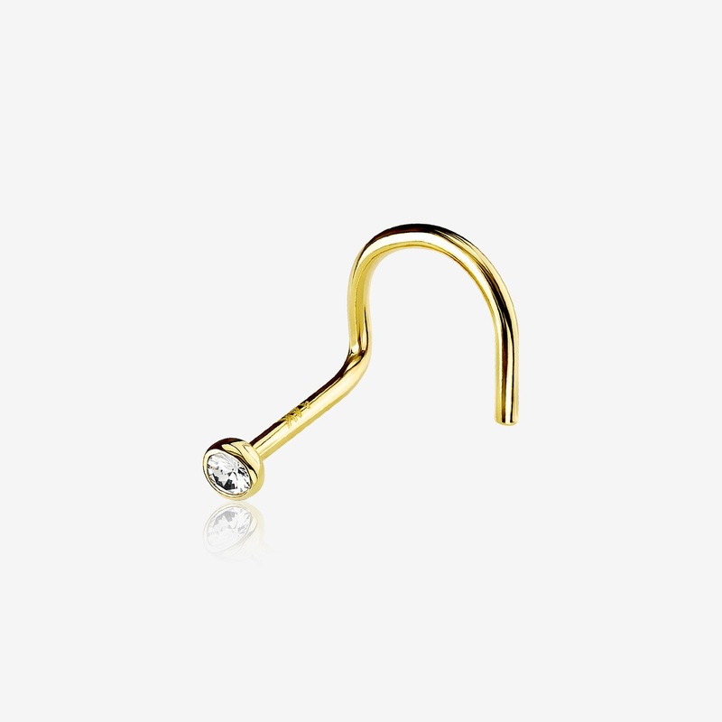 14 Karat Gold Bezel Set Gem Top Nose Screw Ring 20 GA (0.8mm), 1/4″ (6mm), Gem: 2mm