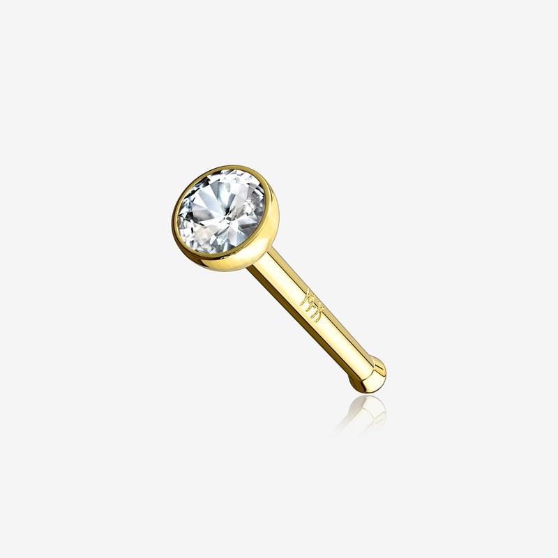 14 Karat Gold Bezel Set Round Gem Nose Stud Ring 20 GA (0.8mm), 1/4″ (6mm), Gem: 2mm
