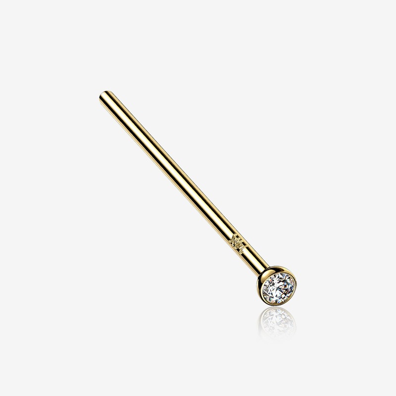 14 Karat Gold Bezel Set Sparkle Fishtail Nose Ring 20 GA (0.8mm), 3/4″ (19mm), Top: 2mm
