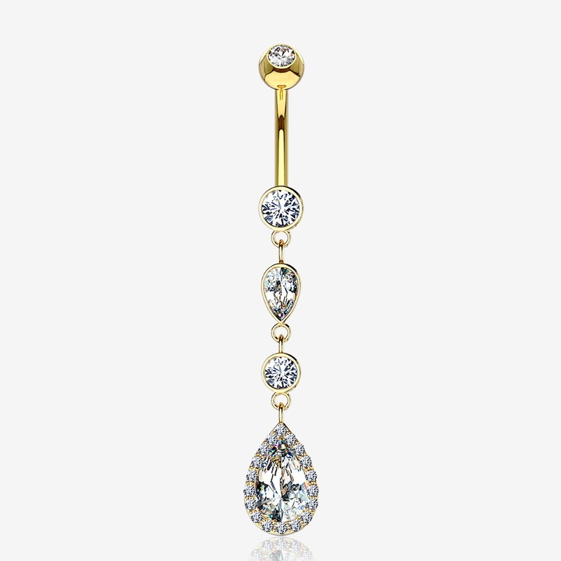 14 Karat Gold Brilliant Teardrop Cascading Sparkle Belly Button Ring