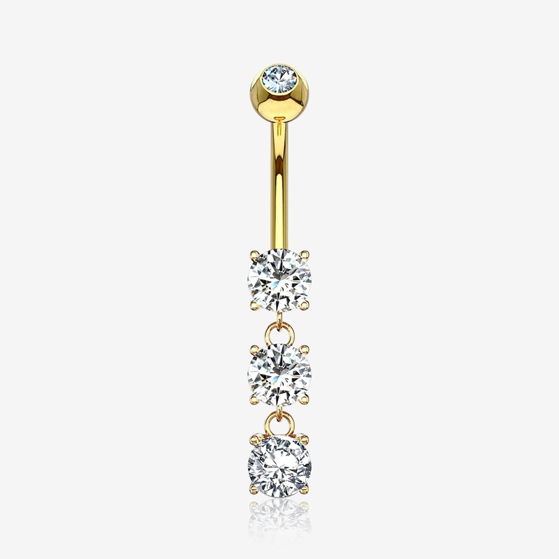 14 Karat Gold Brilliant Triple Dangle Sparkle Multi-Gem Belly Button Ring