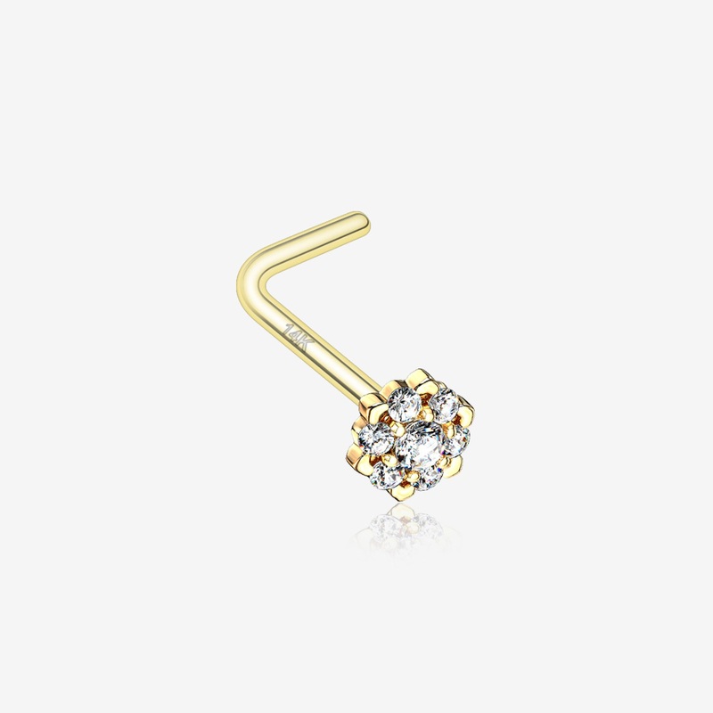 14 Karat Gold Glistening Multi-Gem Flower Sparkle L-Shaped Nose Ring