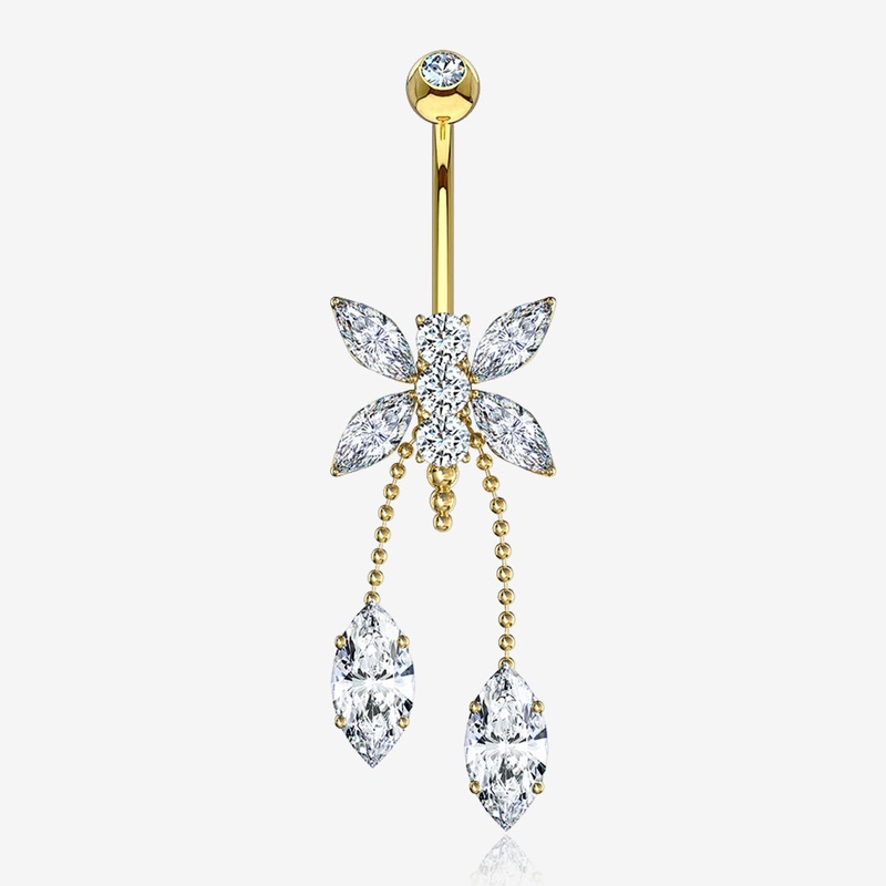 14 Karat Gold Marquise Butterfly Sparkle Dangle Belly Button Ring