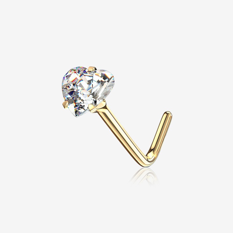 14 Karat Gold Prong Set Heart Sparkle L-Shaped Nose Ring