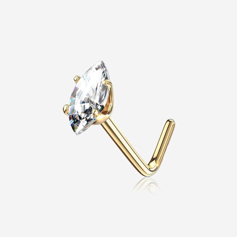 14 Karat Gold Prong Set Marquise Gem Sparkle L-Shaped Nose Ring