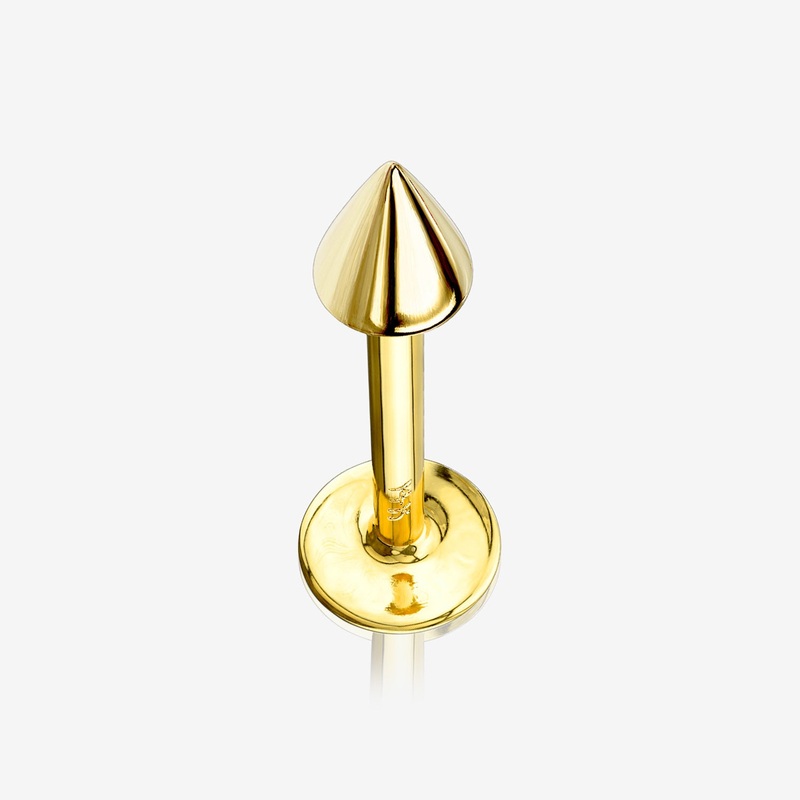 14 Karat Gold Spike Top Flat Back Stud Labret 16 GA (1.2mm), 1/4″ (6mm), Cone: 3mm