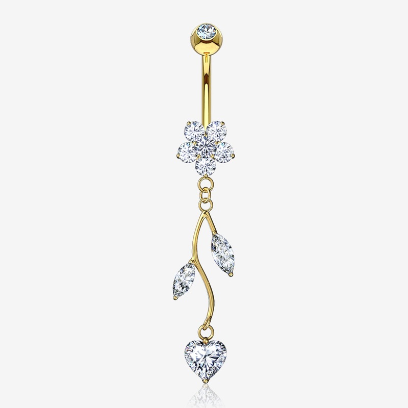 14 Karat Gold Spring Flower Vine Sparkle Dangle Belly Button Ring