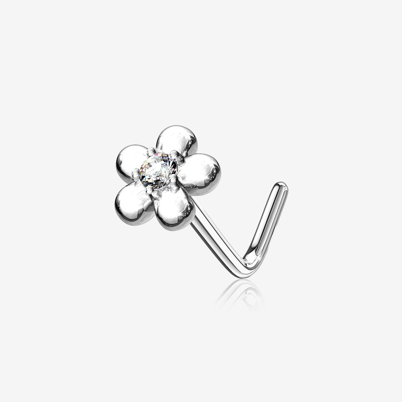 14 Karat White Gold Adorable Flower Sparkle L-Shaped Nose Ring