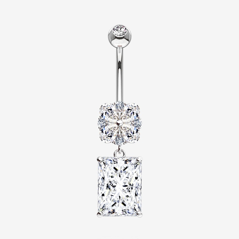 14 Karat White Gold Asscher Cut Sparkle Dangle Multi-Gem Belly Button Ring