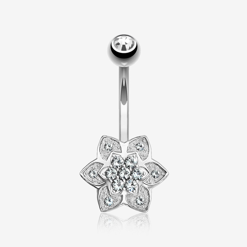 14 Karat White Gold Bali Zen Flower Sparkle Belly Button Ring