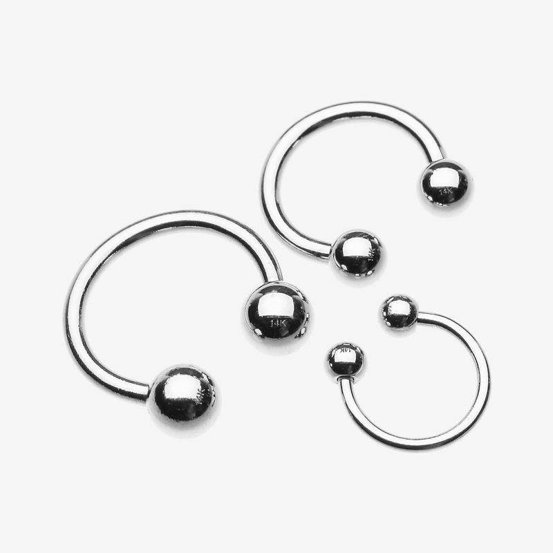 14 Karat White Gold Ball End Horseshoe Circular Barbell 16 GA (1.2mm), 5/16″ (8mm), Ball: 3mm