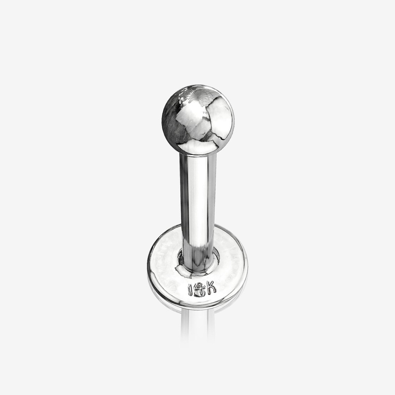 14 Karat White Gold Ball Top Flat Back Stud Labret 16 GA (1.2mm), 1/4″ (6mm), Ball: 3mm