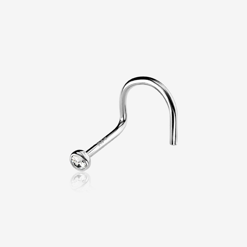 14 Karat White Gold Bezel Set Gem Top Nose Screw Ring 20 GA (0.8mm), 1/4″ (6mm), Gem: 2mm
