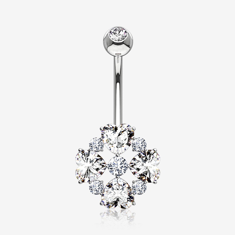 14 Karat White Gold Brilliant Multi Heart Gem Sparkle Floral Belly Button Ring