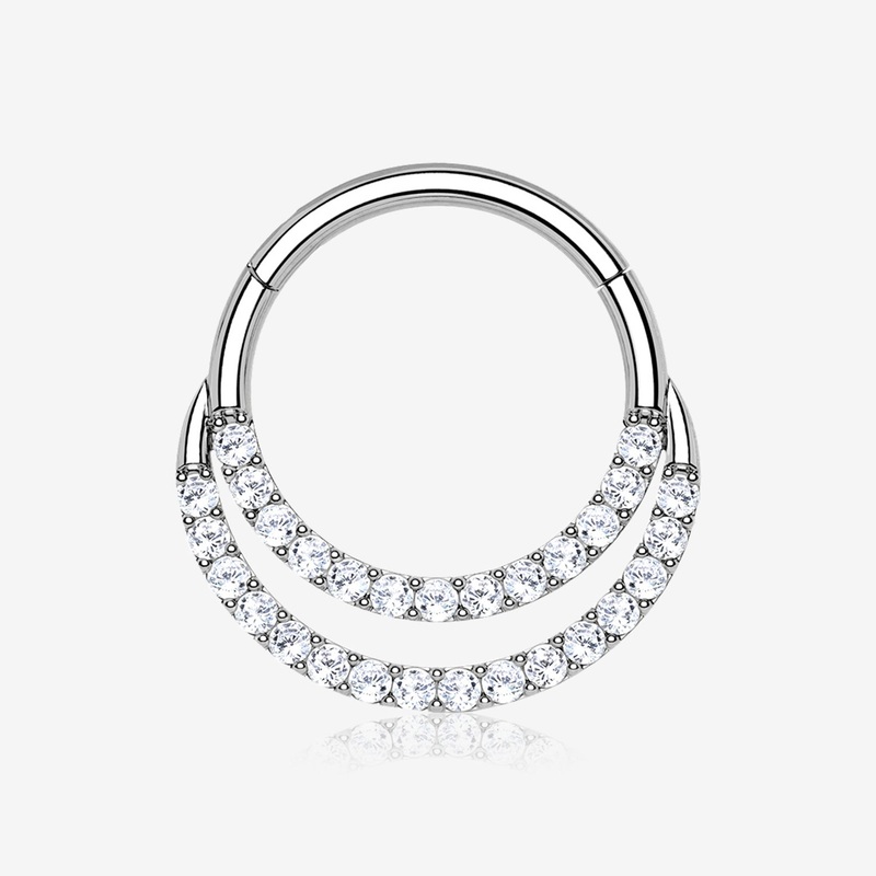 14 Karat White Gold Brilliant Sparkle Double Loop Lined Gems Seamless Clicker Hoop Ring 16 GA (1.2mm), 1/4″ (6mm)