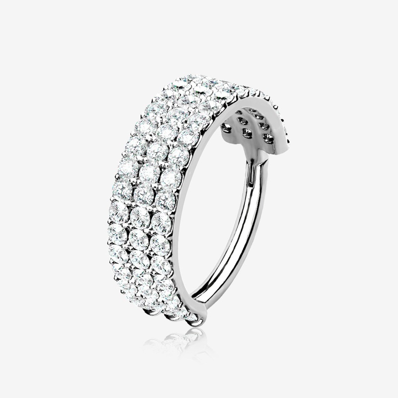 14 Karat White Gold Brilliant Sparkle Triple Lined Gems Seamless Clicker Hoop Ring 16 GA (1.2mm), 5/16″ (8mm)