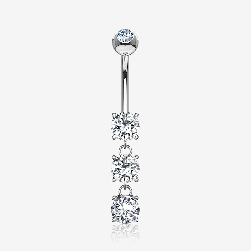 14 Karat White Gold Brilliant Triple Dangle Sparkle Multi-Gem Belly Button Ring