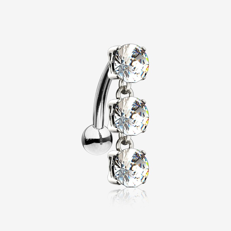 14 Karat White Gold Brilliant Triple Dangle Sparkle Top-Down Reverse Belly Button Ring
